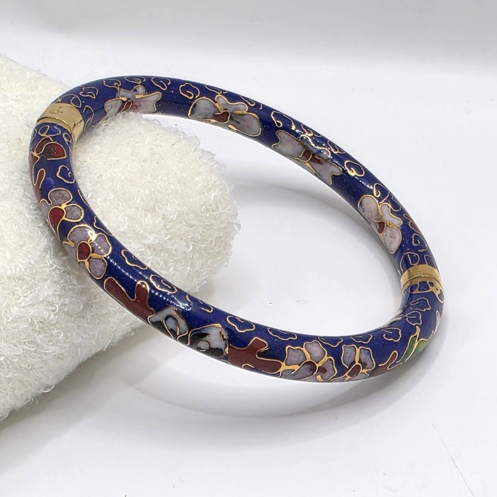 Vintage Chinese Cloisonne Enamel Brass Hinged Floral Bangle Bracelet Blue 7.25in
